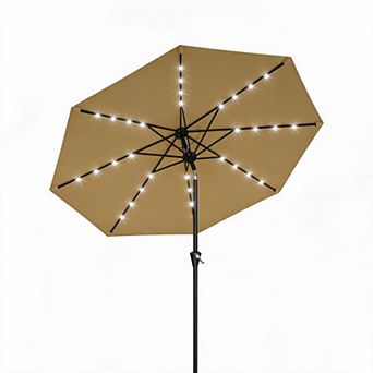 10FT Tan 32LED Solar Patio Umbrella 8 Metal Ribs Waterproof Tilt Canopy