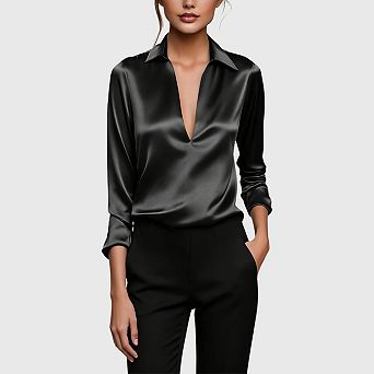 Women's Satin Silk Blouse Collared V Neck Long Sleeve Work Office Shirt Top