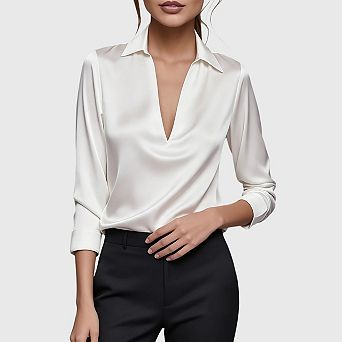 Women's Satin Silk Blouse Collared V Neck Long Sleeve Work Office Shirt Top
