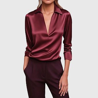 Women's Satin Silk Blouse Collared V Neck Long Sleeve Work Office Shirt Top