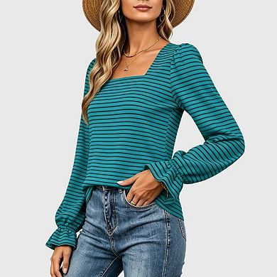 Womens Striped Square Neck T Shirts Blouses Casual Stretchy Ruffle Long Sleeve Pullover Tops