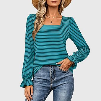 Womens Striped Square Neck T Shirts Blouses Casual Stretchy Ruffle Long Sleeve Pullover Tops