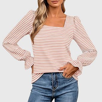 Womens Striped Square Neck T Shirts Blouses Casual Stretchy Ruffle Long Sleeve Pullover Tops