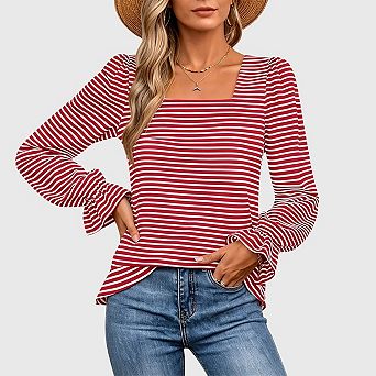 Womens Striped Square Neck T Shirts Blouses Casual Stretchy Ruffle Long Sleeve Pullover Tops