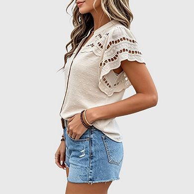 Women's Ruffle Sleeve Button Down Blouse Boho Swiss Dots Hollow Out Summer Shirts