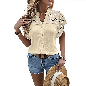 Women's Ruffle Sleeve Button Down Blouse Boho Swiss Dots Hollow Out Summer Shirts