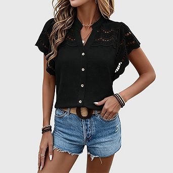 Women's Ruffle Sleeve Button Down Blouse Boho Swiss Dots Hollow Out Summer Shirts
