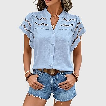 Women's Ruffle Sleeve Button Down Blouse Boho Swiss Dots Hollow Out Summer Shirts