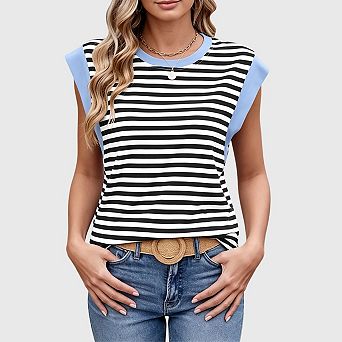 Womens Striped Tank Tops Summer Casual Cap Sleeve Crewneck Loose T Shirts Blouses