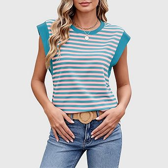 Womens Striped Tank Tops Summer Casual Cap Sleeve Crewneck Loose T Shirts Blouses