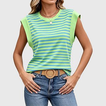 Womens Striped Tank Tops Summer Casual Cap Sleeve Crewneck Loose T Shirts Blouses