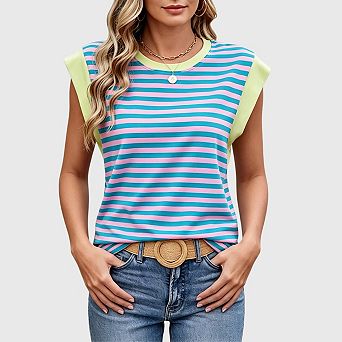 Womens Striped Tank Tops Summer Casual Cap Sleeve Crewneck Loose T Shirts Blouses