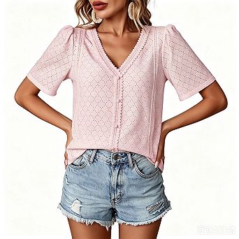 Womens Summer Tops V Neck Short Sleeve T Shirts Trendy Eyelet Blouses Cute Buttons Up Tunics Tee