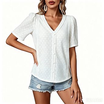 Womens Summer Tops V Neck Short Sleeve T Shirts Trendy Eyelet Blouses Cute Buttons Up Tunics Tee