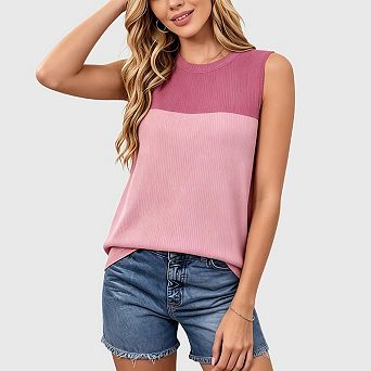 Womens Color Block Sleeveless Shirts Crewneck Knitted Spring Summer Tank Tops Casual Trendy