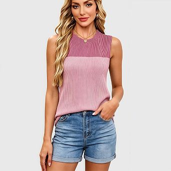 Womens Color Block Tank Tops Sleeveless Crewneck Knitted Spring Summer Shirts Casual Trendy