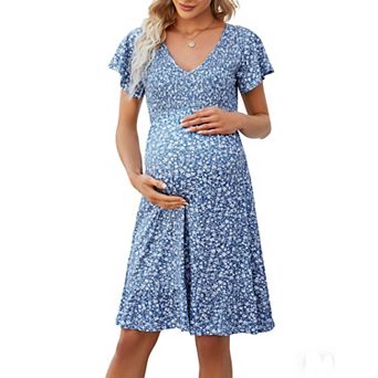 Women's Smocked Flutter Short Sleeve Boho Short Dress Summer Casual V Neck Swing Flowy Midi Dress