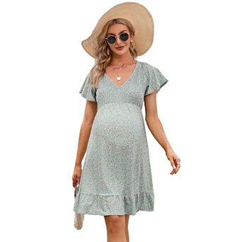 Women's Smocked Flutter Short Sleeve Boho Short Dress Summer Casual V Neck Swing Flowy Midi Dress