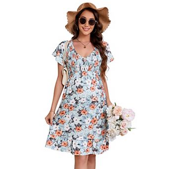 Women's Smocked Flutter Short Sleeve Boho Short Dress Summer Casual V Neck Swing Flowy Midi Dress