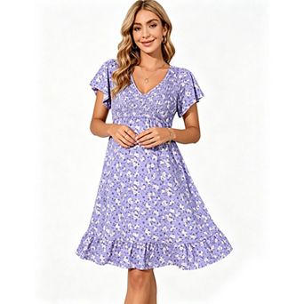 Women's Smocked Flutter Short Sleeve Boho Short Dress Summer Casual V Neck Swing Flowy Midi Dress