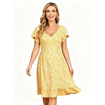 Women's Smocked Flutter Short Sleeve Boho Short Dress Summer Casual V Neck Swing Flowy Midi Dress