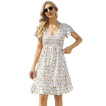 Women's Smocked Flutter Short Sleeve Boho Short Dress Summer Casual V Neck Swing Flowy Midi Dress