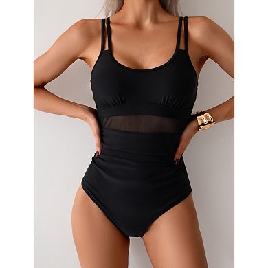 PioneerWorks Mesh Patchwork One Piece Swimsuit Double Strap Tummy Control Bathing Suit