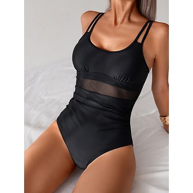 PioneerWorks Mesh Patchwork One Piece Swimsuit Double Strap Tummy Control Bathing Suit