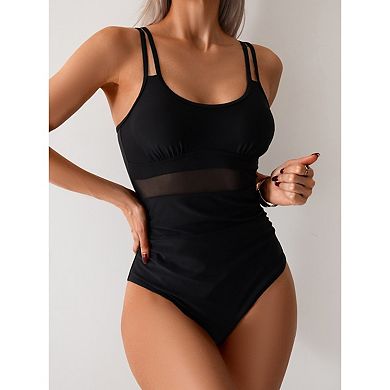 PioneerWorks Mesh Patchwork One Piece Swimsuit Double Strap Tummy Control Bathing Suit