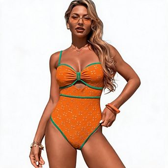 PioneerWorks Cutout One Piece Swimsuit Textured Contrasting Trim Retro Bathing Suit