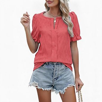 Women's Summer Puff Short Sleeve Tops Dressy Casual V Neck Tunic Loose Shirts Blouses