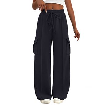 Womens Wide Leg Cargo Sweatpants Drawstring High Waisted Baggy Sweat Pants Casual Pants with Pockets