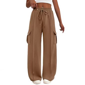 Womens Wide Leg Cargo Sweatpants Drawstring High Waisted Baggy Sweat Pants Casual Pants with Pockets