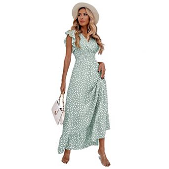 Women's Summer Boho Floral Maxi Dress Casual Ruffle Cap Sleeve V Neck Long Flowy Beach Long Dress