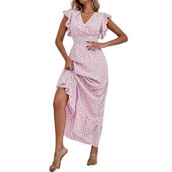 Women's Summer Boho Floral Maxi Dress Casual Ruffle Cap Sleeve V Neck Long Flowy Beach Long Dress