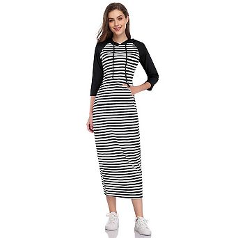 Women Hoodies Maxi Dress Casual 3/4 Sleeve Tunic Dress Slim Hooded Sweatshirts Dress with Pocket