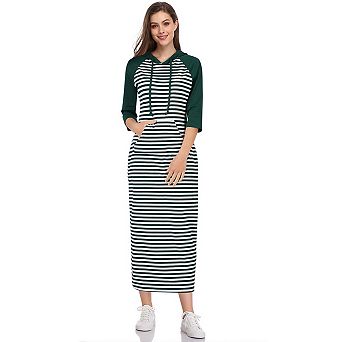 Women Hoodies Maxi Dress Casual 3/4 Sleeve Tunic Dress Slim Hooded Sweatshirts Dress with Pocket