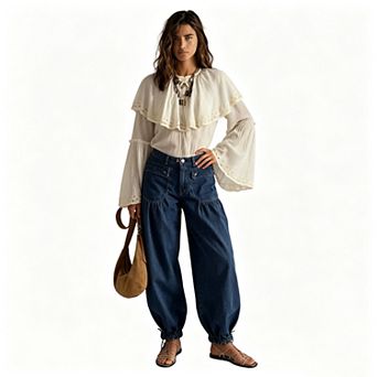 Women Wide Leg Jeans Drawstring Harem Loose Denim Pants