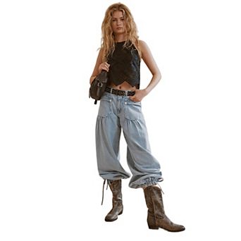 Women Wide Leg Jeans Drawstring Harem Loose Denim Pants