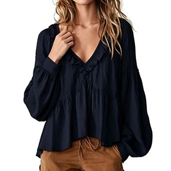 Women Ruffle V Neck Babydoll Blouse Puff Long Sleeve Flowy Loose Casual Shirt Tops