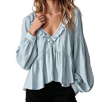 Women Ruffle V Neck Babydoll Blouse Puff Long Sleeve Flowy Loose Casual Shirt Tops