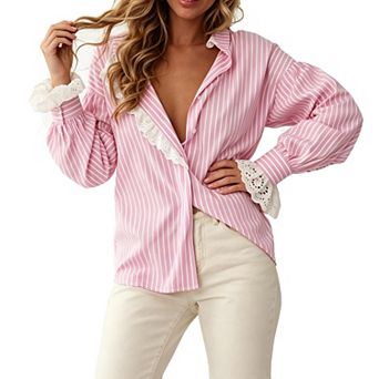Women Striped Button Down Shirt Lace Ruffle Lantern Long Sleeve Casual Loose Blouse Top