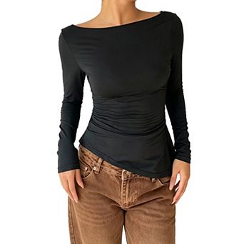 Women Long Sleeve Tops Lace Back Tie Up Slim Fitted Boat Neck Casual Blouse