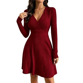 Women's Wrap V Neck Long Sleeve Knit Mini Dress Elastic Waist Flared A Line Casual Party Dress