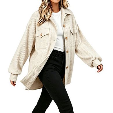 Women's Oversized Textured Shacket Lapel Collar Button Down Long Sleeve Casual Shirt Jacket