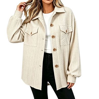 Women's Oversized Textured Shacket Lapel Collar Button Down Long Sleeve Casual Shirt Jacket