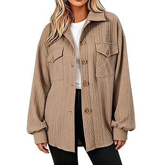 Women's Oversized Textured Shacket Lapel Collar Button Down Long Sleeve Casual Shirt Jacket