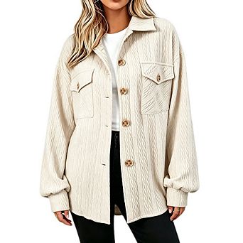 Women's Oversized Textured Shacket Lapel Collar Button Down Long Sleeve Casual Shirt Jacket