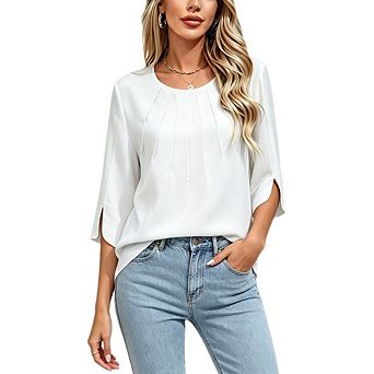 Women's 3/4 Sleeve Round Neck Blouse Pleated Front Curved Hem Casual Blouse Daily Top