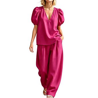 Women's 2 pc Sets V Neck Puff Short Sleeve Top Wide Leg Pant Outfits Casual Daily Wear